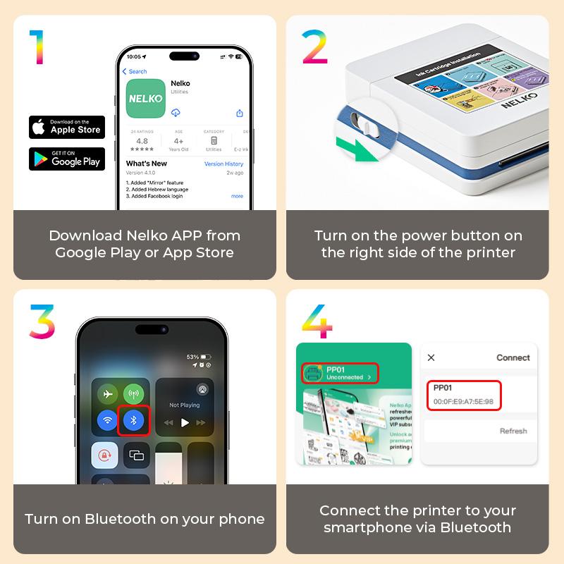 PP01 Portable Mini Color Wireless Mobile Printer, Instant Smartphone Photo Printer, Sticky-Back Photos, Bluetooth Compatible with iOS & Android Devices, Fun Editing App, Perfect Gift For Valentine's Day