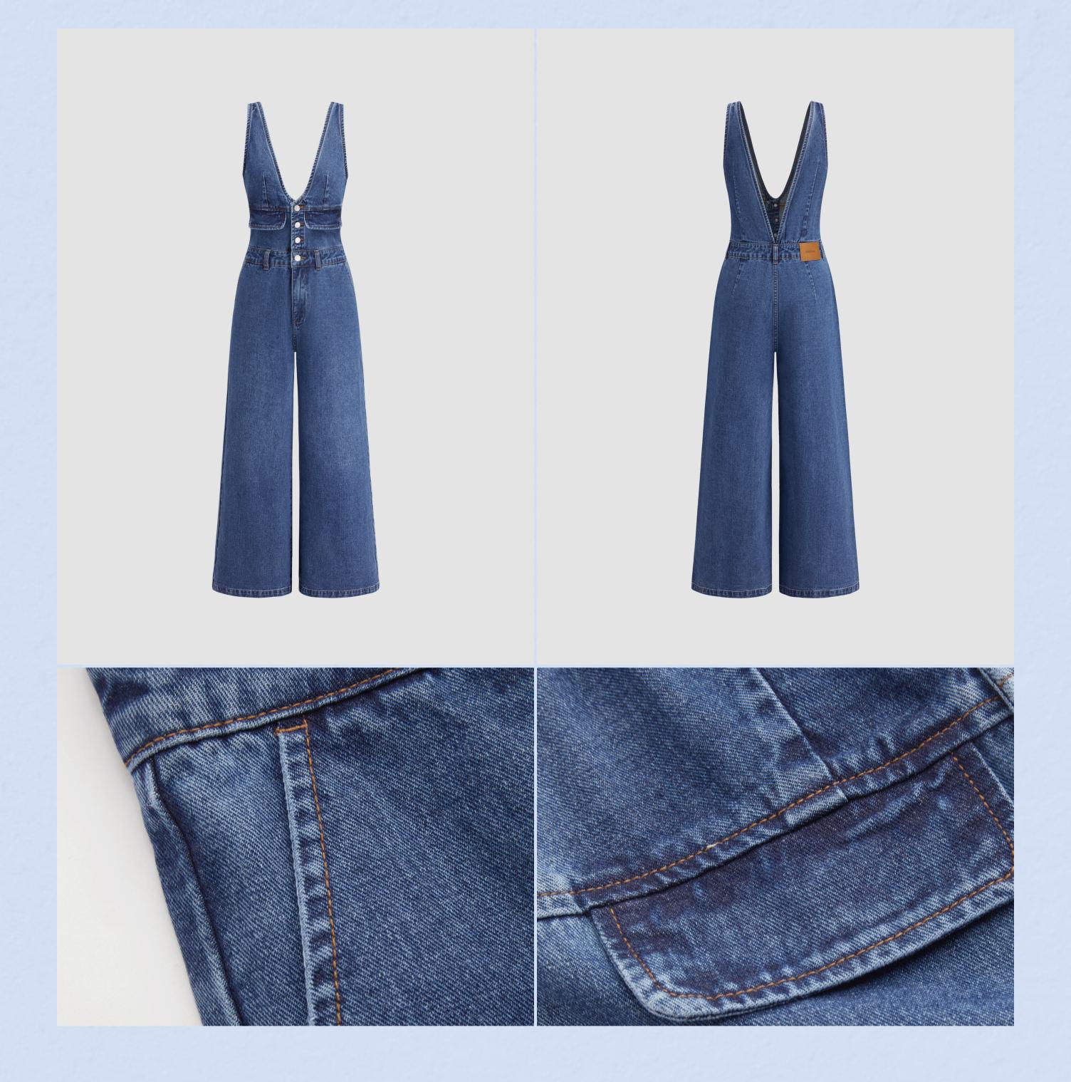 Cider Denim V-neck Button & Pocket Wide Leg Jumpsuit | for Casual to Business Wear