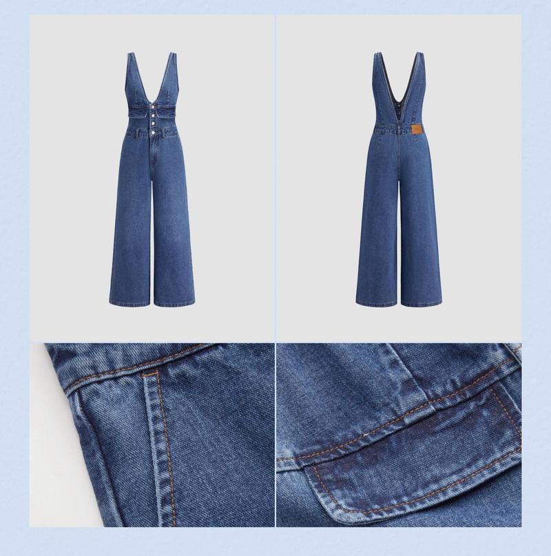 Cider Denim V-neck Button & Pocket Wide Leg Jumpsuit | for Casual to Business Wear