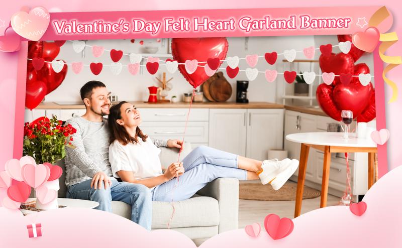 Valentine's Day Decoration Heart Envelope Garland Love Letter Banner Felt Heart Garland Banner Hanging Heart Decorations Rustic Farmhouse Hanging Decor for Wedding Anniversary Gothic Bridal Shower Party Fireplace Mantle Wall Door Room Bedroom Home Decor