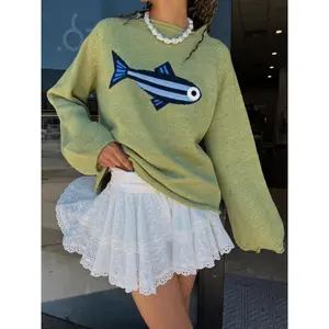 Women Oversized Graphic Tee Fisherman Core Aesthetic Y2k Grunge Fish Print Crewneck Sweater Long Sleeve Pullover Sweater Casual Sweater