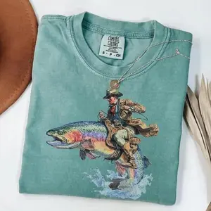 Comfort Colors Vintage Cowboy Riding Trout T-shirt Western Fishing Retro Tshirt Gift For Him