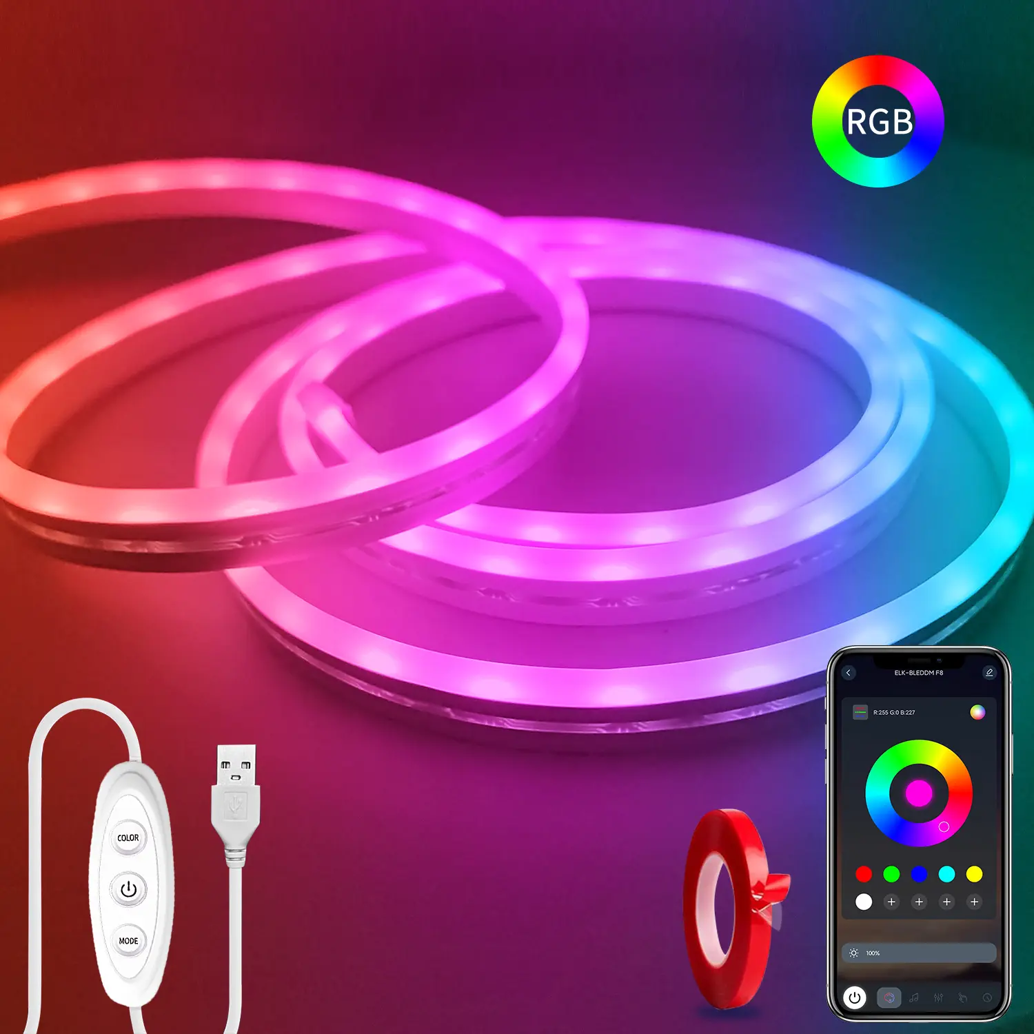 USB LED Neon Lights Strip,5V RGB Music Sync Rope Light, APP & 3-Key Controller Color Changing Neon Light, IP65 Waterproof Flexible LED Strip Light for Bedroom TV Backlight Cabinet DIY Party Decor
