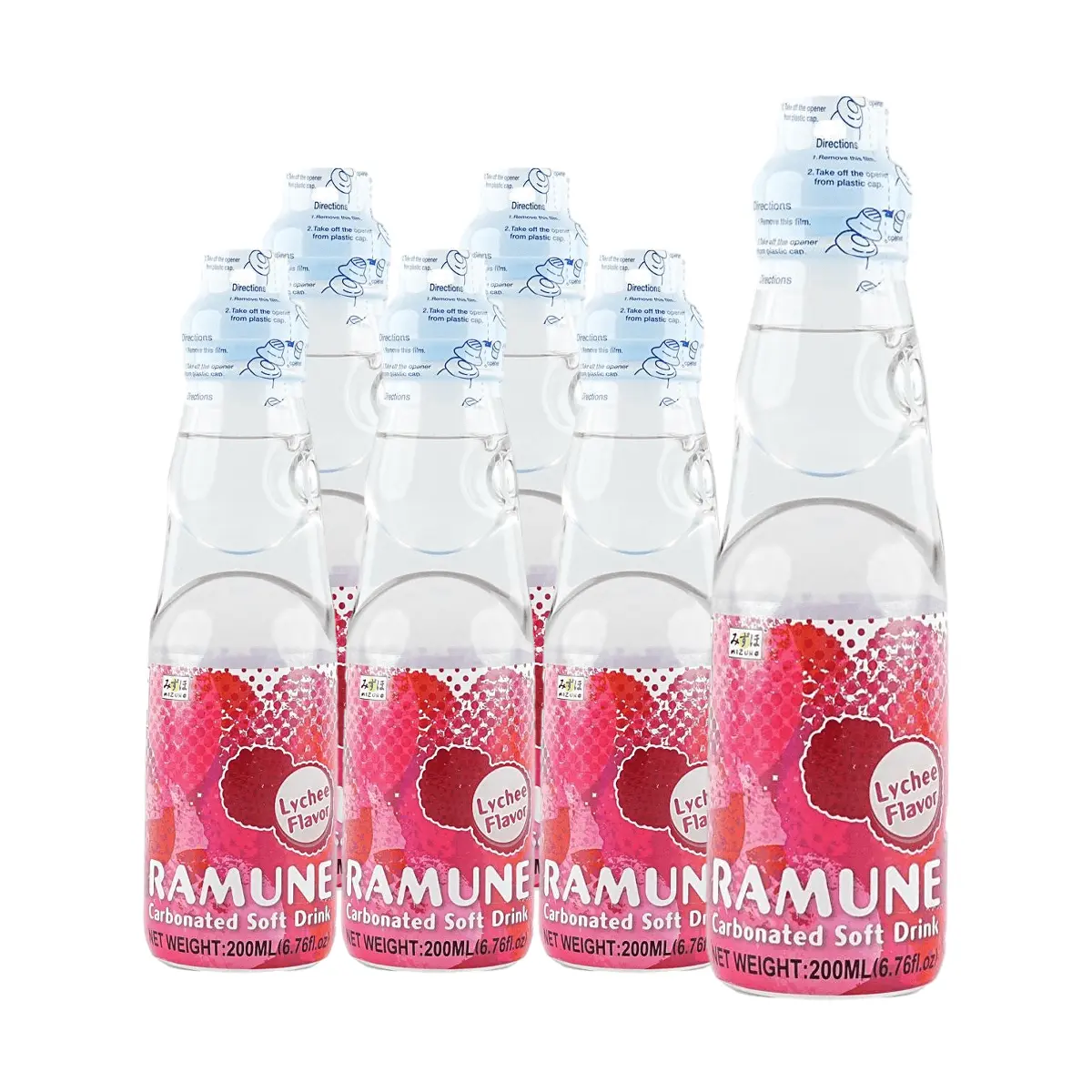 MIZUHO Lychee Flavor Ramune Soda - 6 Pack (200ml Bottles) - Authentic Japanese Soda