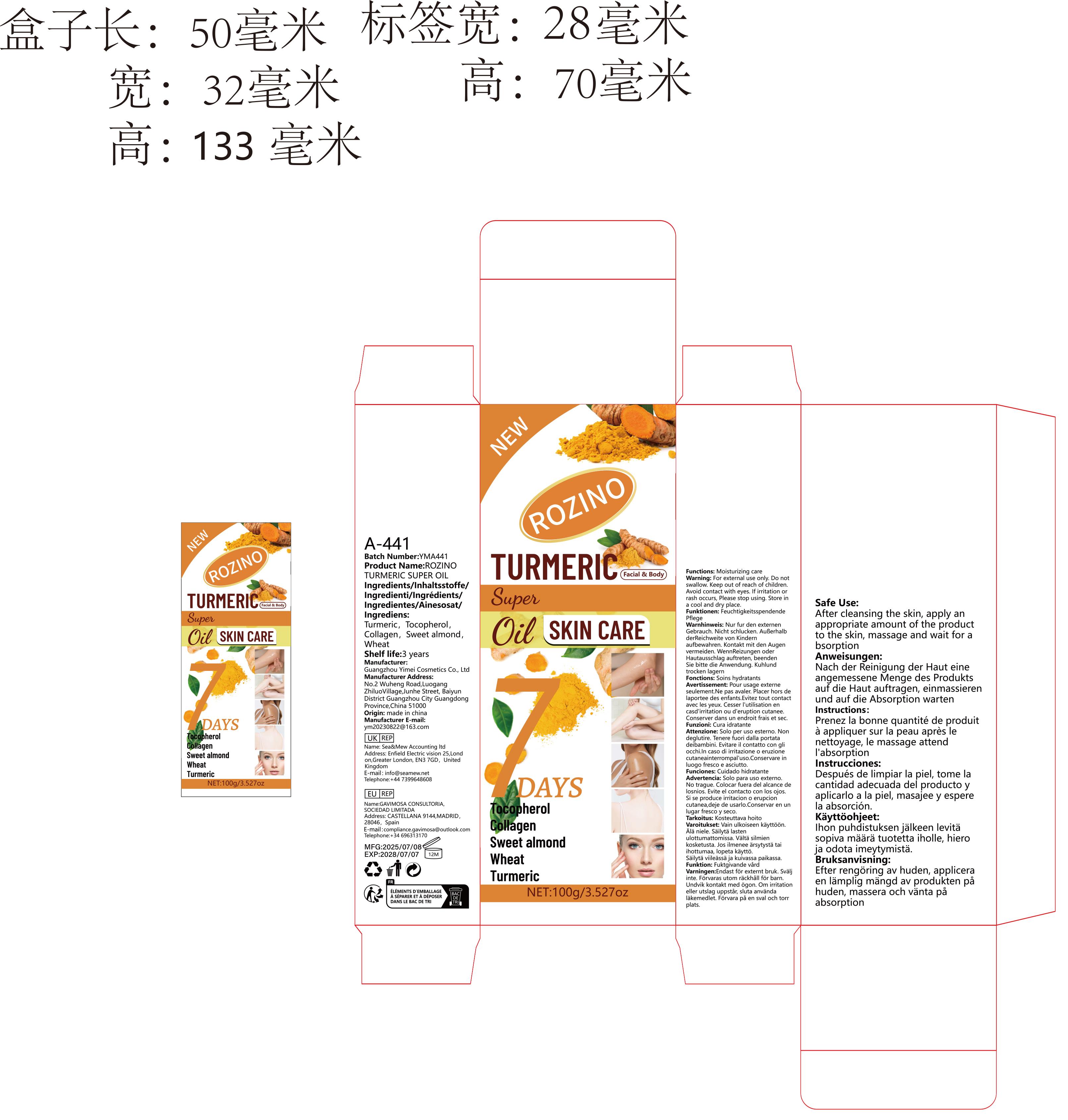 Rozino Turmeric Oil Super Skin Care Formula 100g Unisex 7 Days Benefits for Skin Health Natural Ingredients