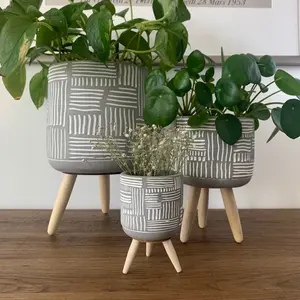 Lines Cement Planter Pots on Tripod Wood Stands