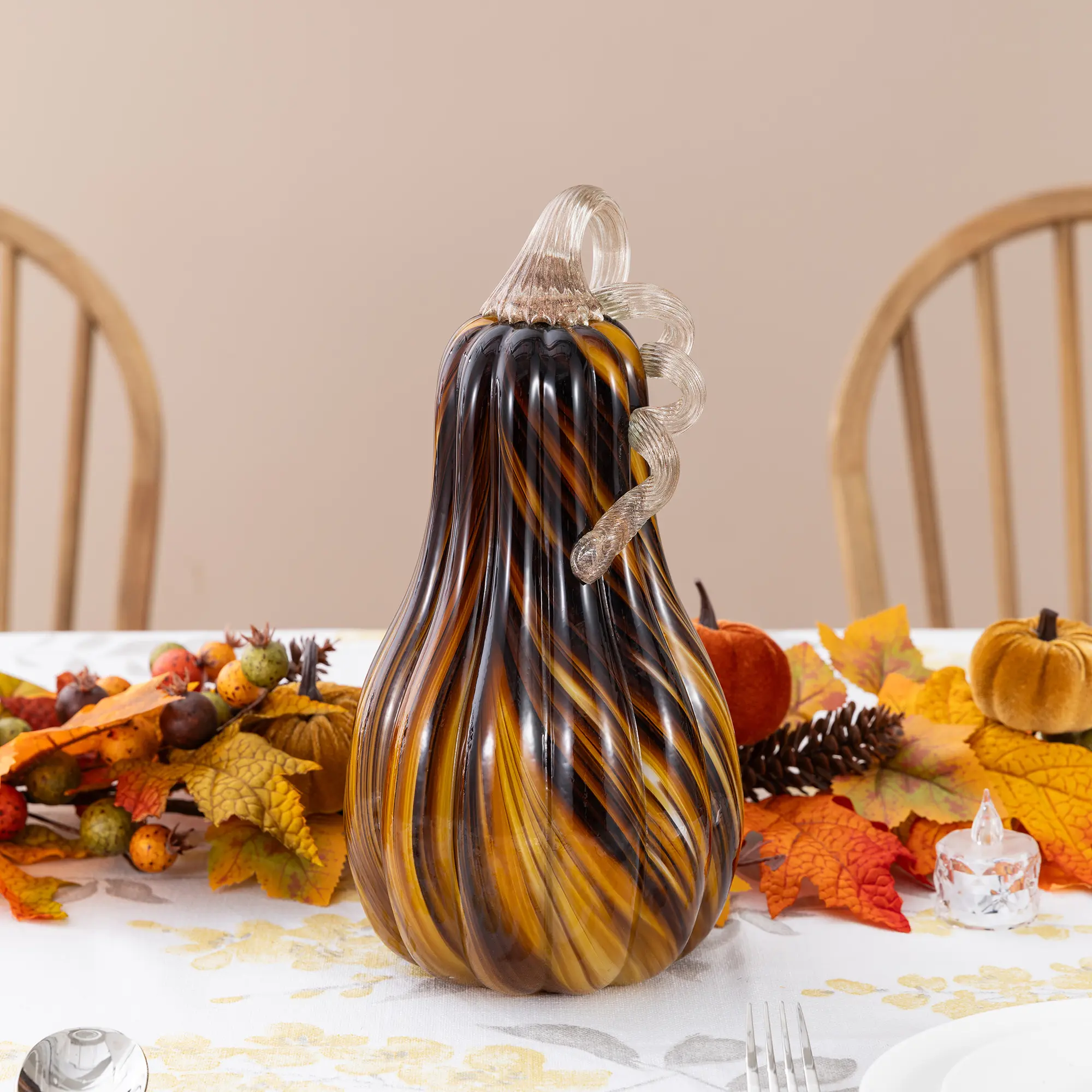 Glitzhome Glossy Large Oval Glass Gourd, 11.25 in H, Multi-Brown Striped, Drop-Proof Modern Harvest Decoration for Home Room Festive Decor