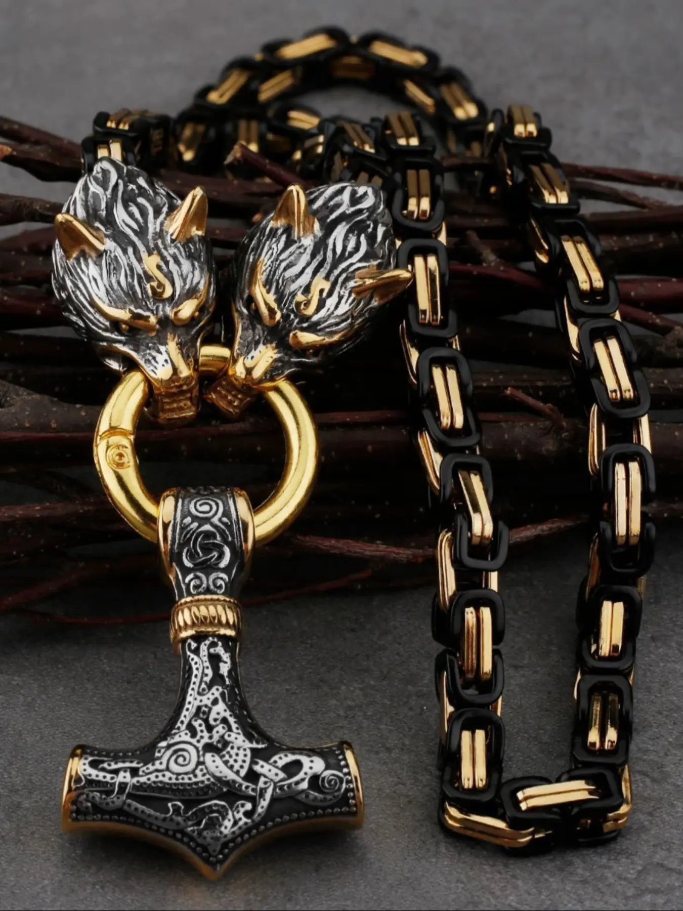 Nordic Vintage Mythical Hammer Pendant Wolf Head Necklace, Stainless Steel Chain, Punk Style Party Accessory, Gift for Men, Men Jewelry