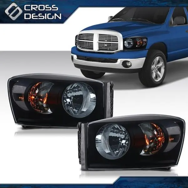 CROSSDESIGN Durable Carlights Lighting Kit, Full Pair Smoked Lens Black Housing Chrome Bezel Headlight Assemblies for 2006-2009 Dodge Ram 1500/2500/3500, Vehicle-Specific Fit, Easy Install (Driver/Passenger)