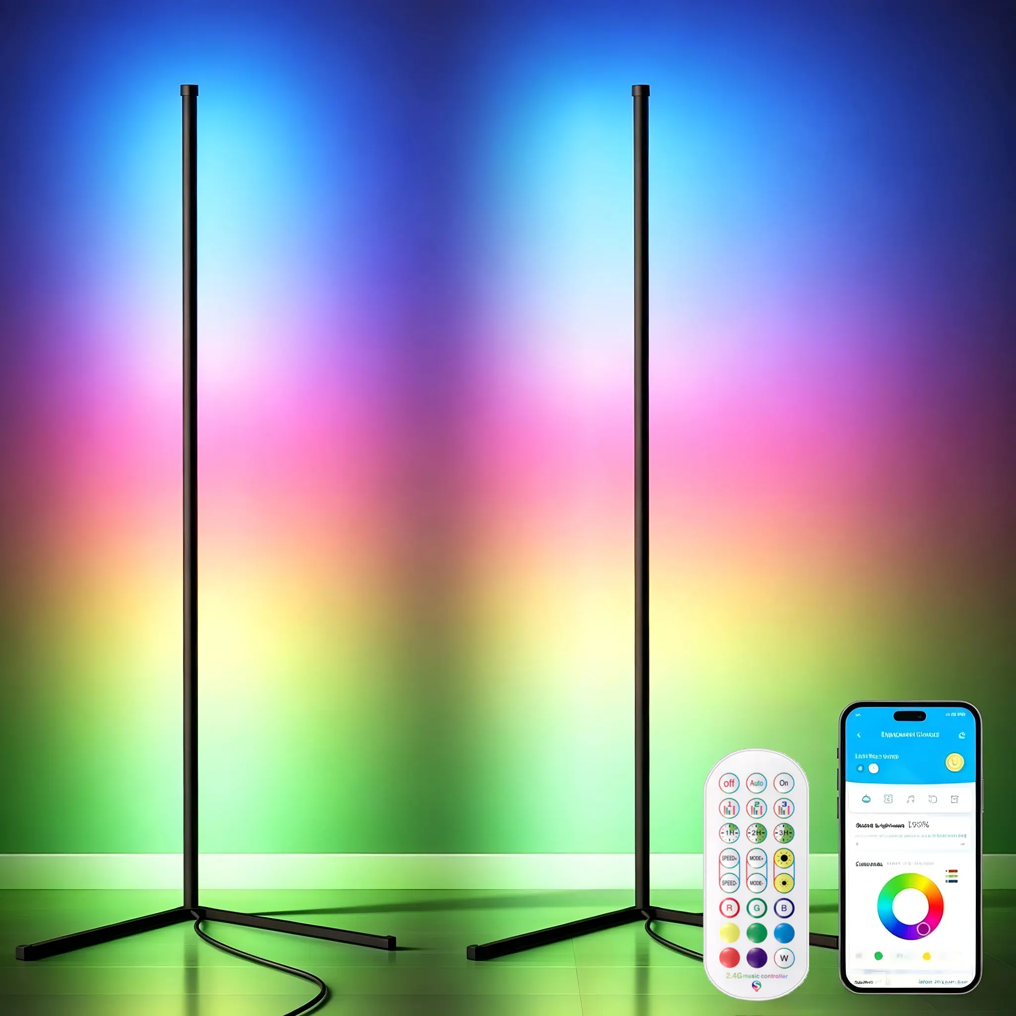 DAYBETTER Adjustable RGB Corner LED Floor Lamp - Music Sync, App & Remote Control, 16M RGBW Color Changing Programmable, Ambient LED Lighting for Bedroom, Home Decor Adjustable Floor Lamps, Lights for Bedroom