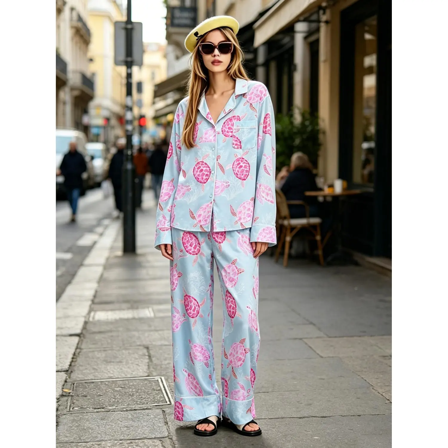 Women's Turtle Print Pajama Set - Long Sleeve Button-Up Top & Wide-Leg Pants, Lightweight Breathable Loungewear, Casual Two-Piece Sleepwear for Indoor & Outdoor Comfort