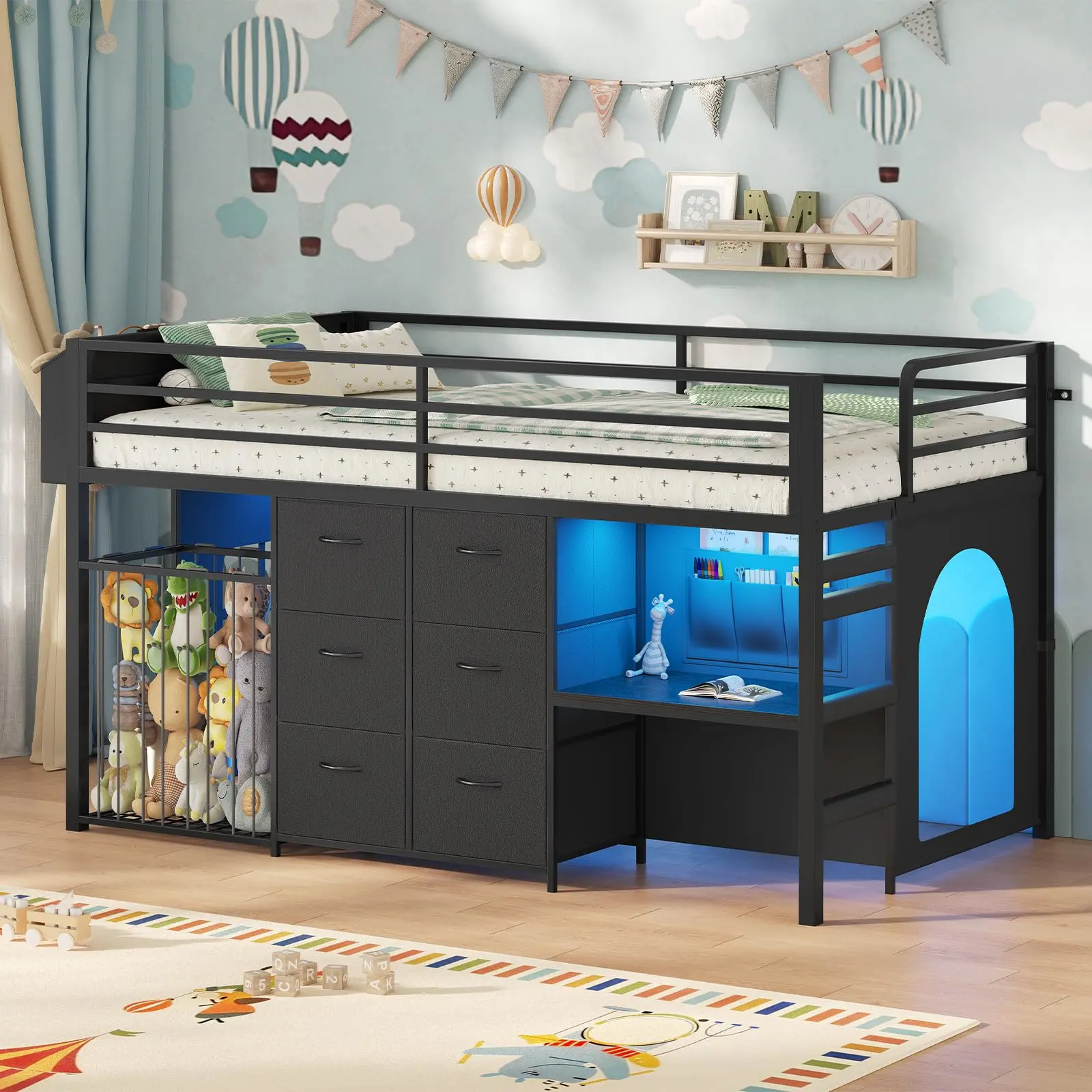 Twin Size Loft Bed with Desk & 6 Drawers, Metal Loft Bed with LED Lights, Stuffed Animal Cage, Safety Guardrail, Play Zone, No Box Spring Needed, Black