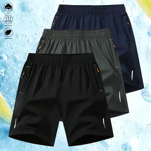 Men’s 3-piece set of athletic shorts with zippered pockets, fashionable men’s gym training shorts for summer