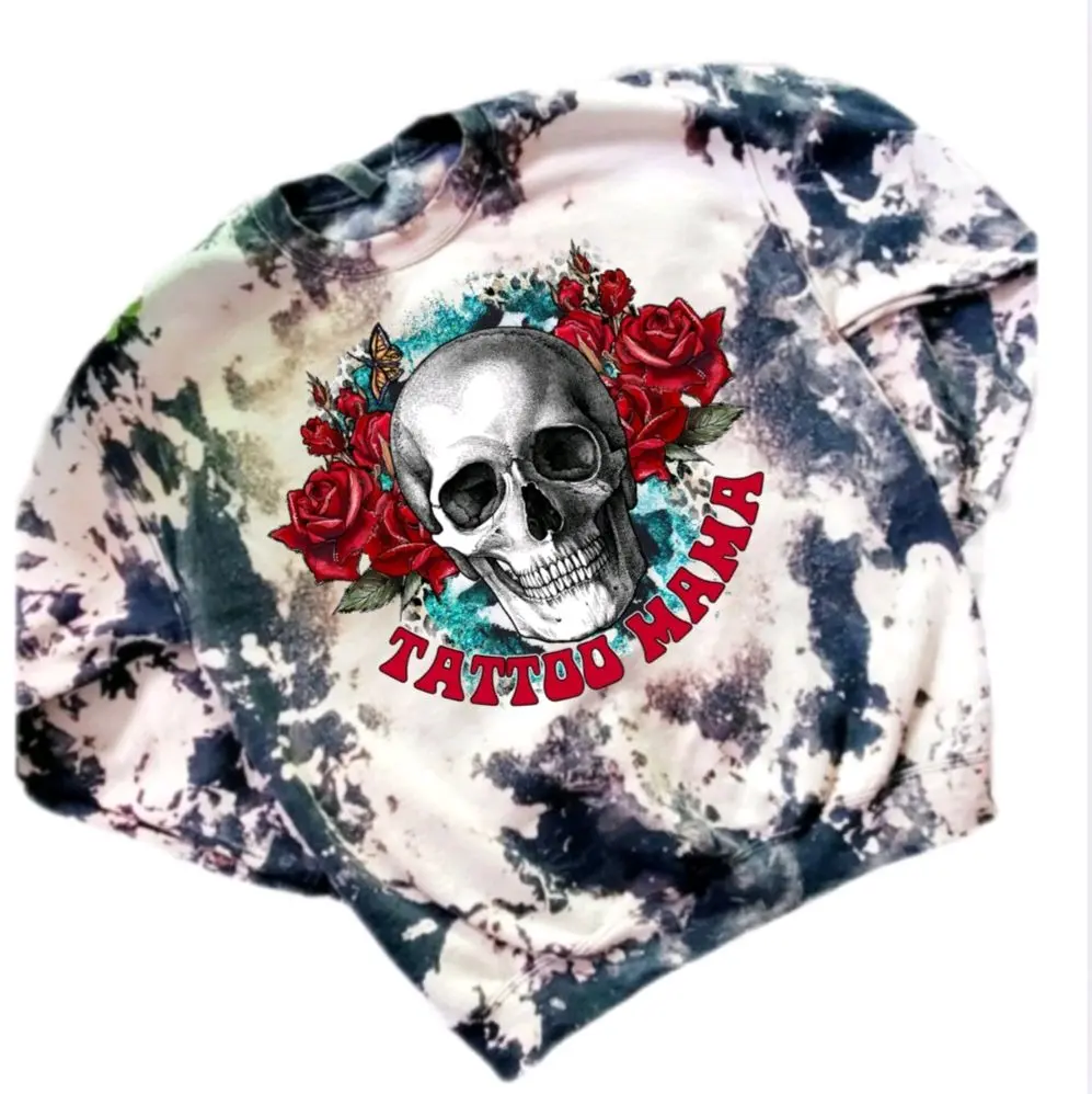 Tattoo Mama Skull Acid Washed Sublimation Bleached Sweatshirt Pullover Soft Crewneck