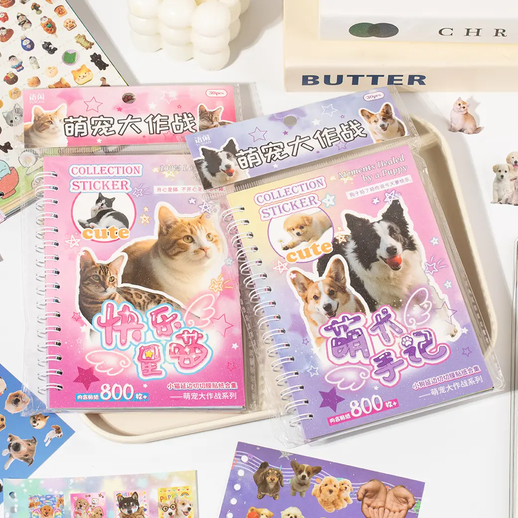 Kawaii 2 In 1 Sticker Pack - 800pcs Cat & Dog Aesthetic Adhesive Permanent Set Stickers, 30 Sheets for Journaling, Scrapbooking | DIY Crafts Supplies (Toys & Hobbies)
