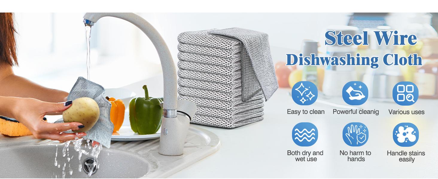 10 Counts Non Scratch Wire Dishcloth Multipurpose Wire Dishwashing Rag Metal Scrubbers for  for Wet and Dry Cleaning, 2-Layer Kitchen Cleaning Cloth Cleaning Tool