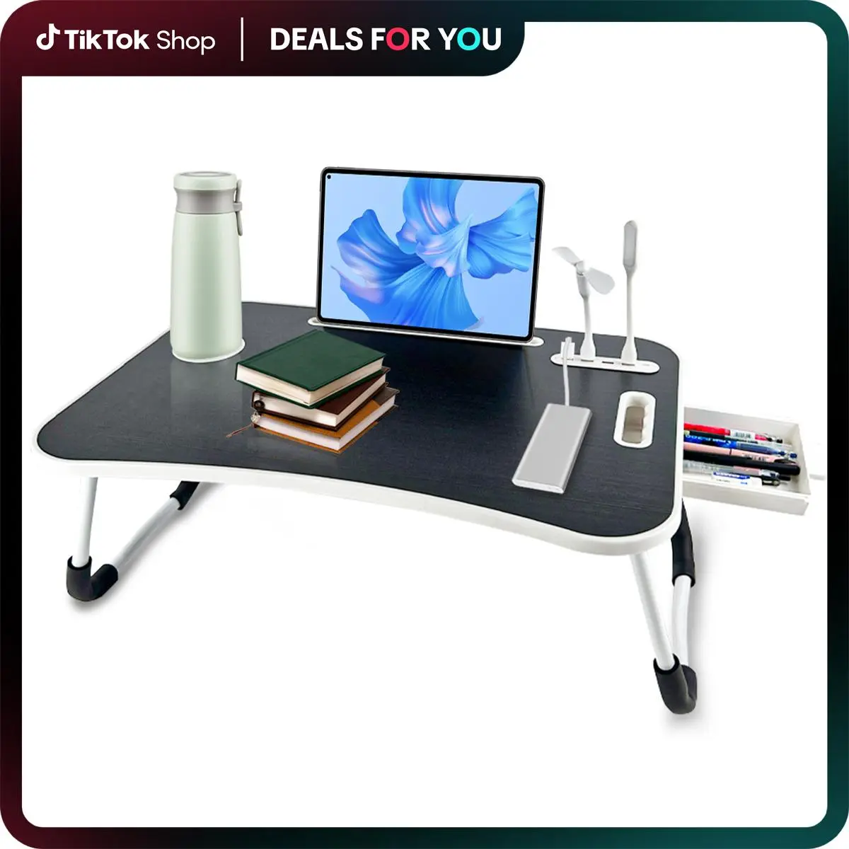 Portable Folding Laptop Table (Bed Desk) with 4 USB Ports, Storage Drawer, Cup Holder, Ergonomic Design for Light Daily Bed/Couch Working, Reading