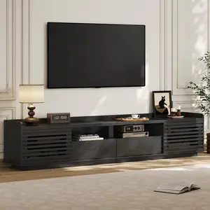 ONBRILL 78.7" TV Stand for TVs Up to 85", Mid-Century Modern Entertainment Center with Sliding Doors and Adjustable Shelves, Media Console TV Cabinet with Drawers and Open Storage for Living Room