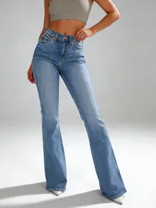 Women's High Waist Slim Fit Elastic Flare Pants Button Front Bootcut Jeans in Light Blue Denim
