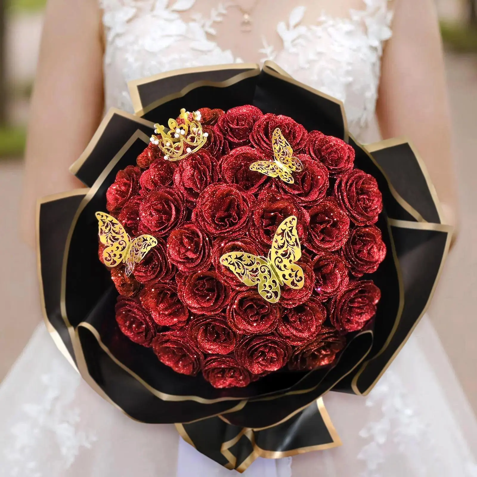24/36 DIY Sparkling Rose Bundle Set with 3D Butterfly Crown and Ribbon, Glitter Flowers Bouquet, Diy Floral Decoration, Artificial Rose Flowers, Suitable for Girlfriend, Female Gift, Perfect for Valentine's Day, Birthday, Graduation, Diy Roses