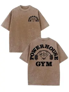 Powerhouse Gym Men's Heavyweight 230gsm WashedTee/ Gildan T-Shirt, Vintage Gym Graphic Print with Logo & Weightlifting Design, Casual Round Neck Short Sleeve Tee for Workout & Casual Attire