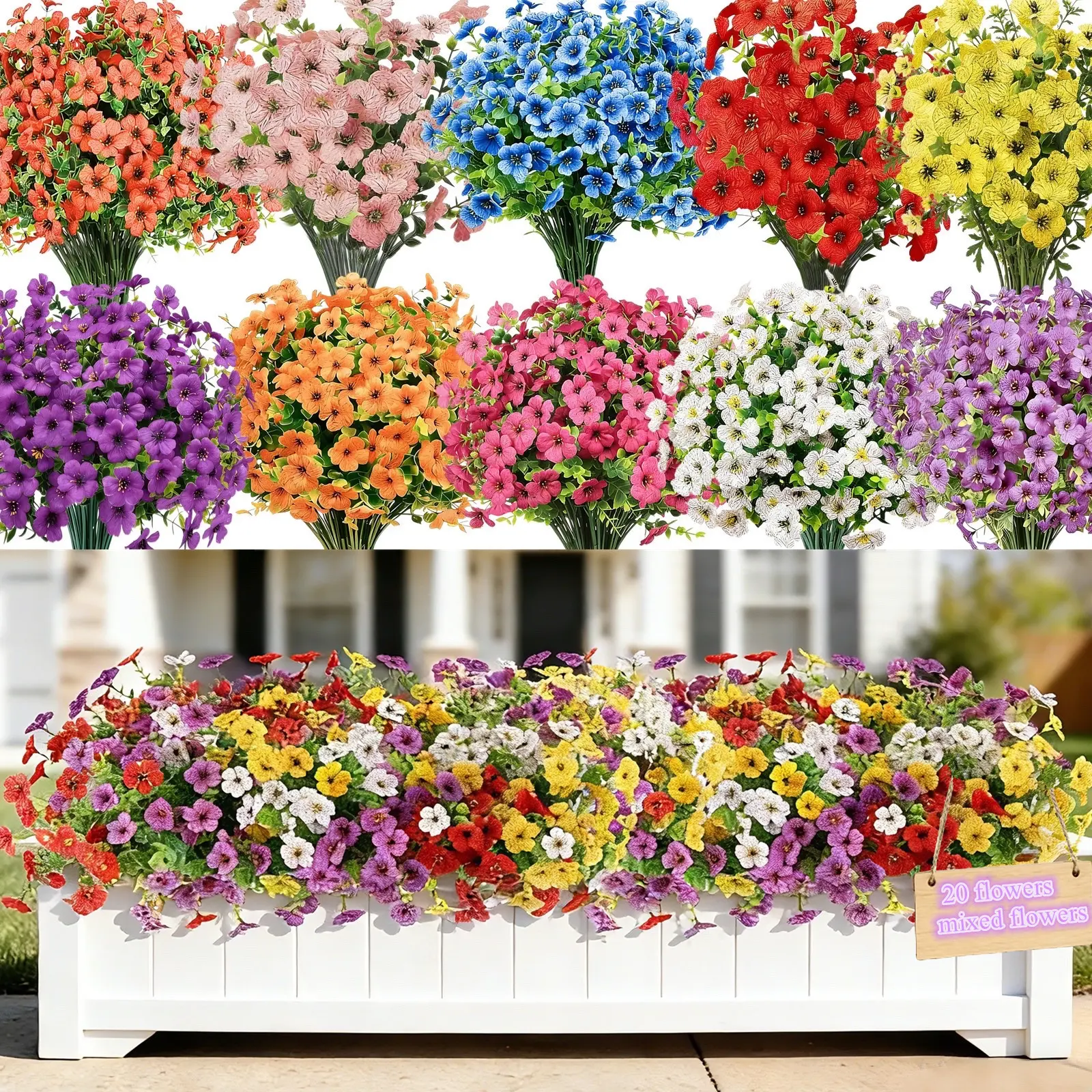 20 Bundles Realistic Fake Flowers for Outdoors, No Fade Faux Silk Flowers & Artificial Plants Lavender, for Garden Patio Porch Decor, Window Box, Hanging Basket, Planter, Grave Decorations