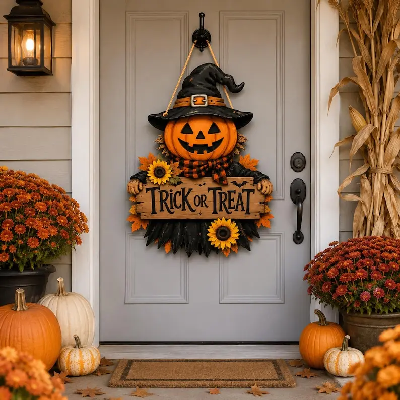 Halloween Pumpkin Scarecrow Door Hanger, Fall Sunflower Porch Sign, Rustic Halloween Fall Door Sign, Cute Spooky Pumpkin Decor, Fall Decor 2026, Fall Front Door Decor, Vintage Halloween Decor 2026