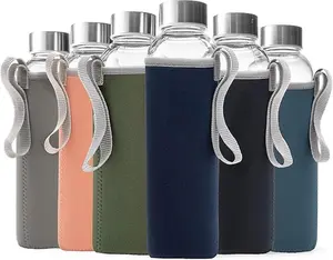 Epica glass bottles with lids – 18oz glass water bottles, reusable juice bottle with lids for storing juices, reusable water bottle durable & ecofriendly set of 6 with Sleeves