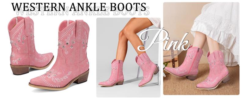 Rhinestone Ankle Cowboy Boots for Women Embroidered Short Cowgirl Boots with Low Heel Side Zipper Comfortable Chunky Heel Western Booties for Prom Party Wedding Pull On Shoe