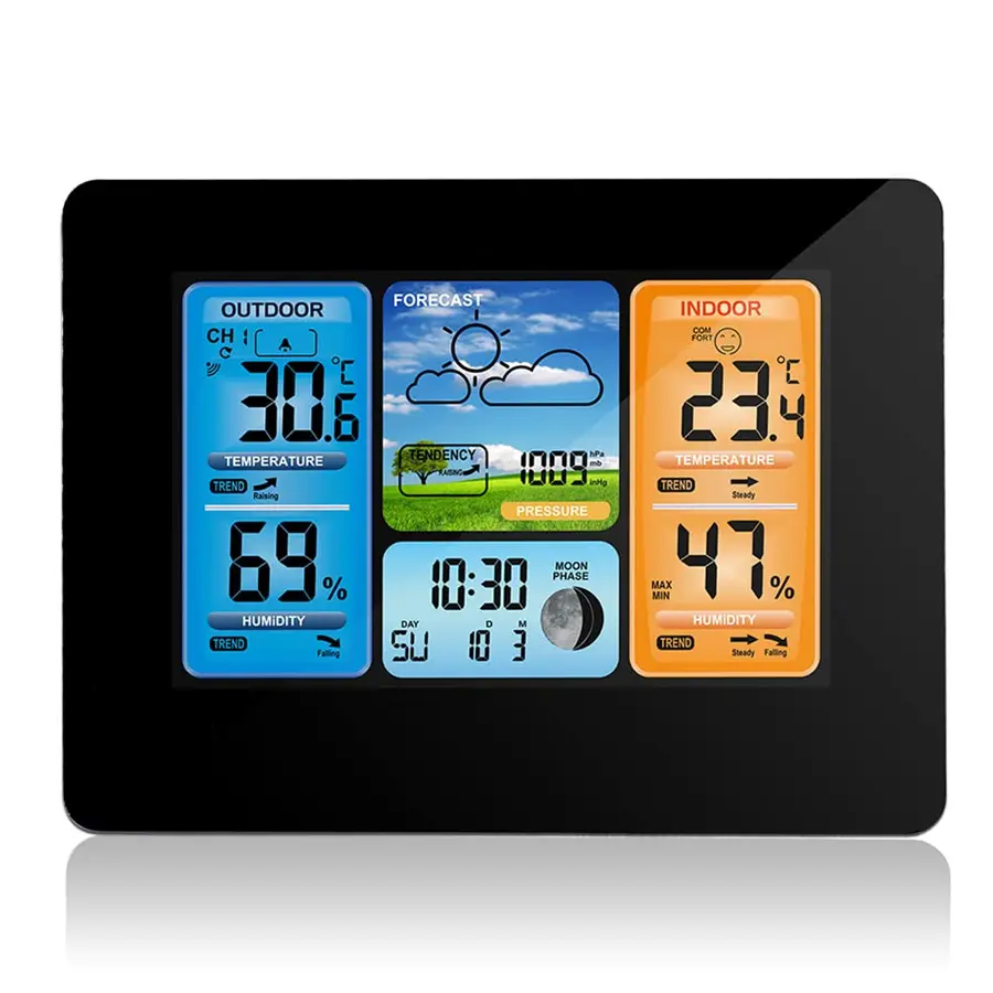Wireless Indoor/Outdoor Weather Station & Thermometer — A digital weather monitor featuring an alarm clock, temperature and humidity monitoring, a calendar, and an adjustable backlight—all in one device. The perfect gift for Mom or your girlfriend., Bedro