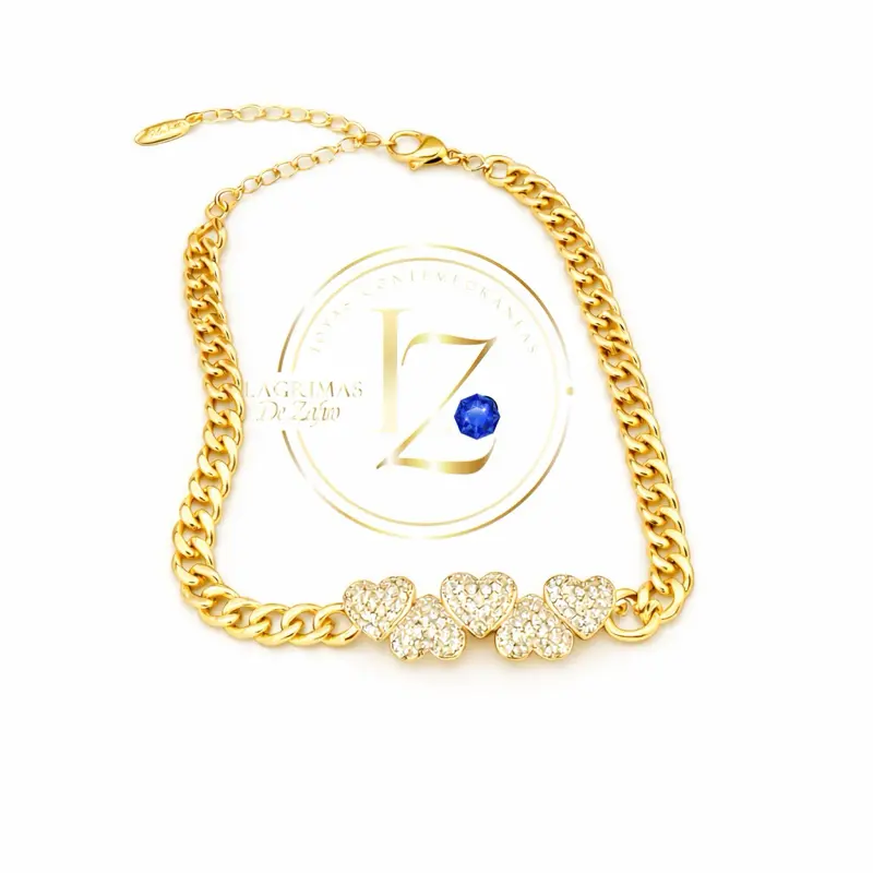COD#2025  Women's Bracelet with Hearts Decorated with Zircons, 7 Inches Long with 2 Inches Extension, Gold Finish