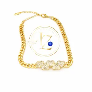 Women's Bracelet with Hearts Decorated with Zircons, 7 Inches Long with 2 Inches Extension, Gold Finish