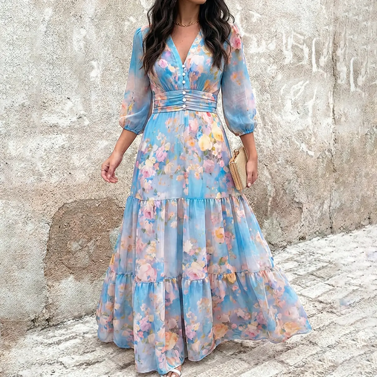 CHICME Women's Watercolor Floral V-Neck Shirred High Waist Maxi Dress Three Quarters Lantern Sleeve A-Line Ruffle Hem Chiffon Vacation Dress/Summer Dress