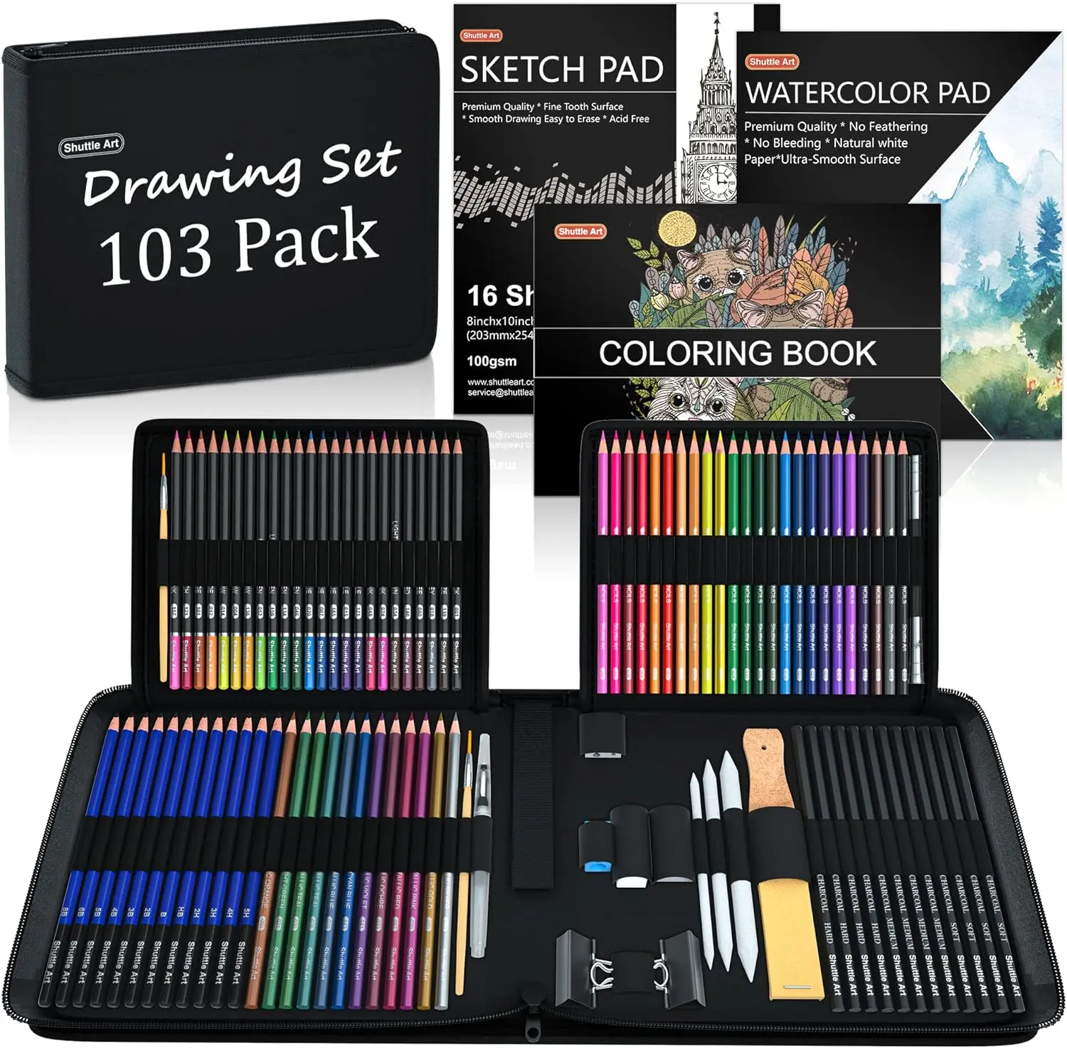 Shuttle Art 103/116/124 Pack Drawing Pencils Set, Sketching and Drawing Art Set with Colored Pencils, Sketch and Graphite Pencils in Portable Case, Drawing Supplies for educational, Adults and Artists,coloring book,back to school,back to school shopping