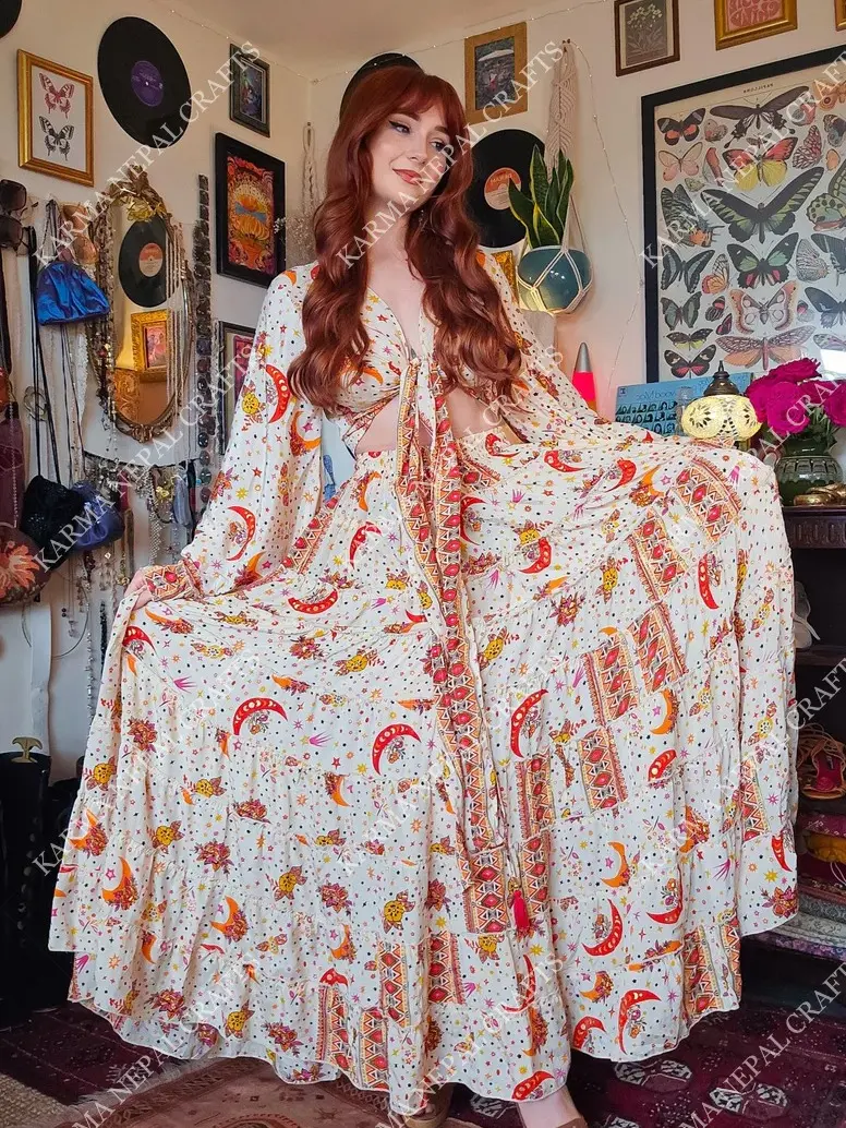 Flowy Tiered Skirt with Ruffle Top , Boho Hippie Long Skirt Sets, Whimsical Outfit, Vintage Maxi Skirt, Bohemian Summer Skirts, Retro Style, Stevie Nicks Inspired Outfit, Fairy Core Aesthetic, Flared Sleeve Wrap Top, Long Maxi Skirt with Bell Sleeve