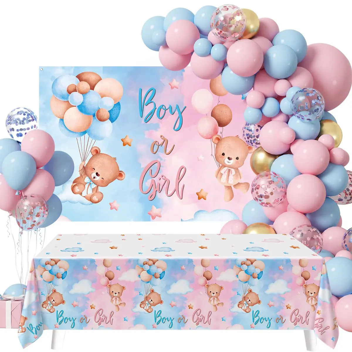 101pcs Bear-Themed Baby Gender Reveal Party Decorations—Pink, Blue, and Gold Balloon Arch Garland Set, Includes Backdrop, Tablecloth, and Polka-Dot Balloon Chain, Perfect for Baby Christening Parties and Boy or Girl Gender Reveal Parties