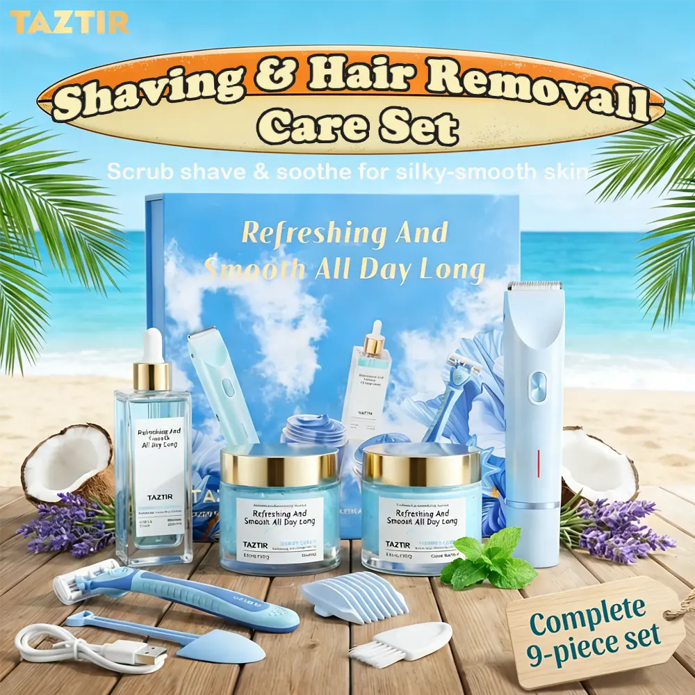 TAZTIR 9-in-1 Shaving Body Care Set | Coconut & Passion Fruit, Includes Scrub,Hair Removal Cream, Pre-Shave Essence, Double-Head Electric And Manual Shaving Razor,Women's Shaving Cream, Clean Girl, Birthday And Mother's Day Gift Set