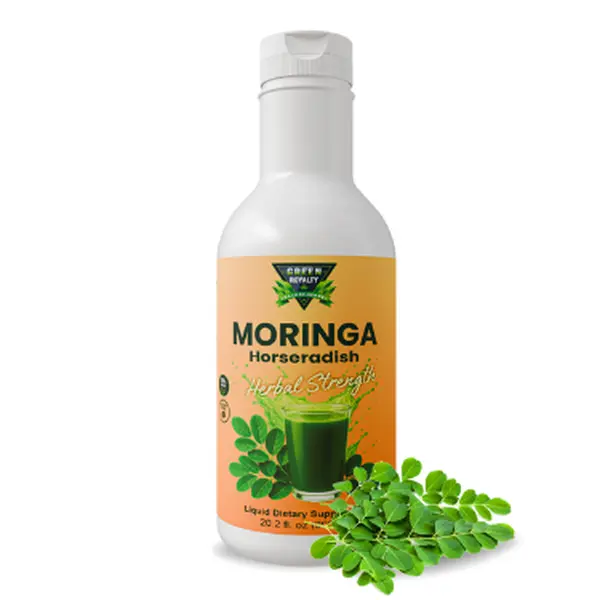 Green Royalty Moringa Horseradish Herbal Dietary Supplement Bottle - 20.2 fl oz Blendable Non-GMO Detoxifying Liquid, Moringa Leaf Supplement, Vitamin C, Vegan, Sugar-Free, Gluten-Free, Adult-Friendly