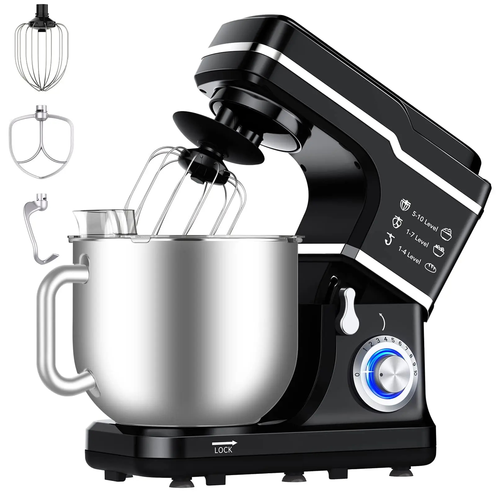Gaomon 7.5 QT Tilt-Head Electric Stand Mixer - 660W Copper Motor, 10 Settings, Steel Bowl, Dough Hook, Wire Whisk, Beater, Splash Guard, Silicone Base, Easy Lock, Effortless Cleanup for Home Cooks (Black)