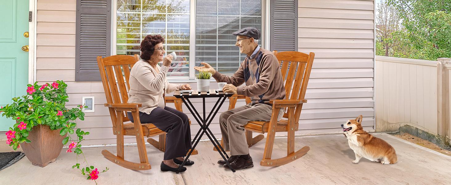 VINGLI Heavy Duty 600 LBS Outdoor Wooden Rocking Chair with Higher Backrest,Patio Rocking Chair with Ergonomic Design, Weatherproof Outdoor Rockers Suit for Patio, Garden, Balcony, Yard