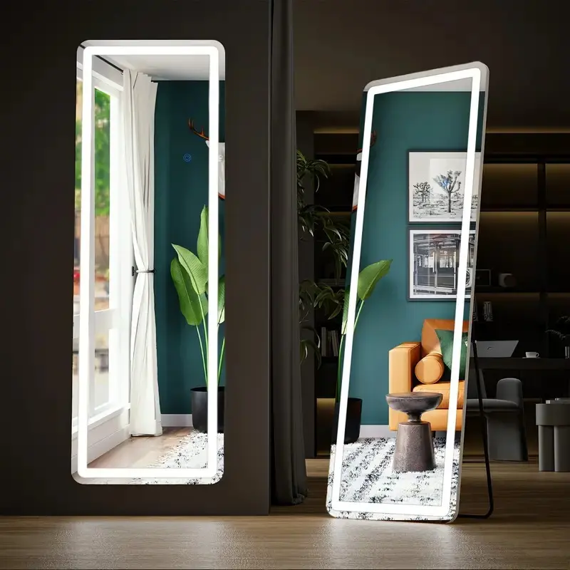 71"x26" Dimmable LED Full Length Floor Mirror with Stand, Touch Control, Aluminum Frame, Wall-Mount or Leaning Design, Black Bedroom Items for Makeup Vanities, Aesthetic Room Decor, Apartment Accessories,dorm essentials,home decor