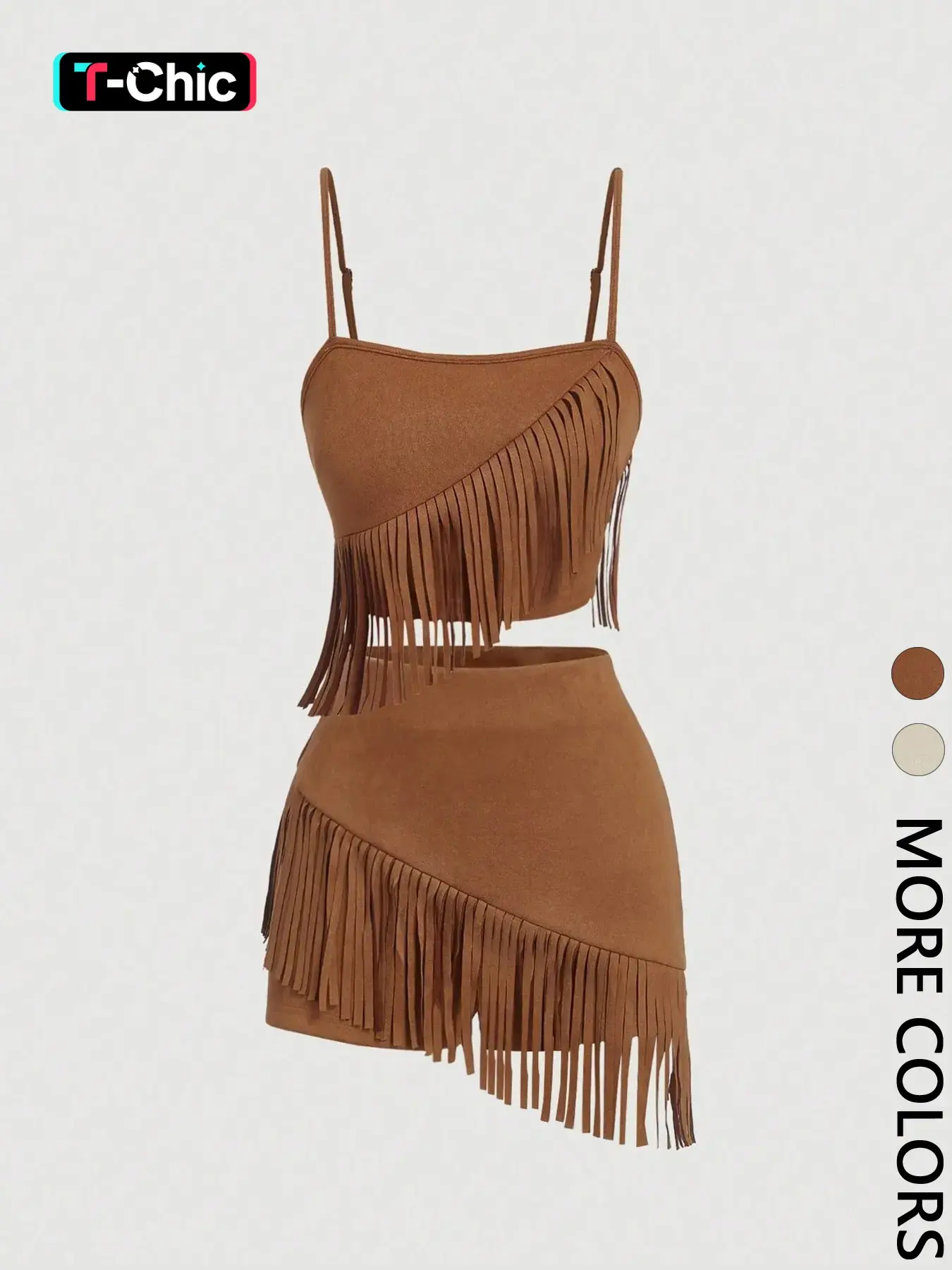 Adjustable Strap Fringe Outfit, Western Spaghetti Strap Sleeveless Cami & Short Skirt Matching Set, Casual Beach Set, Fashion Sets, Womenswear