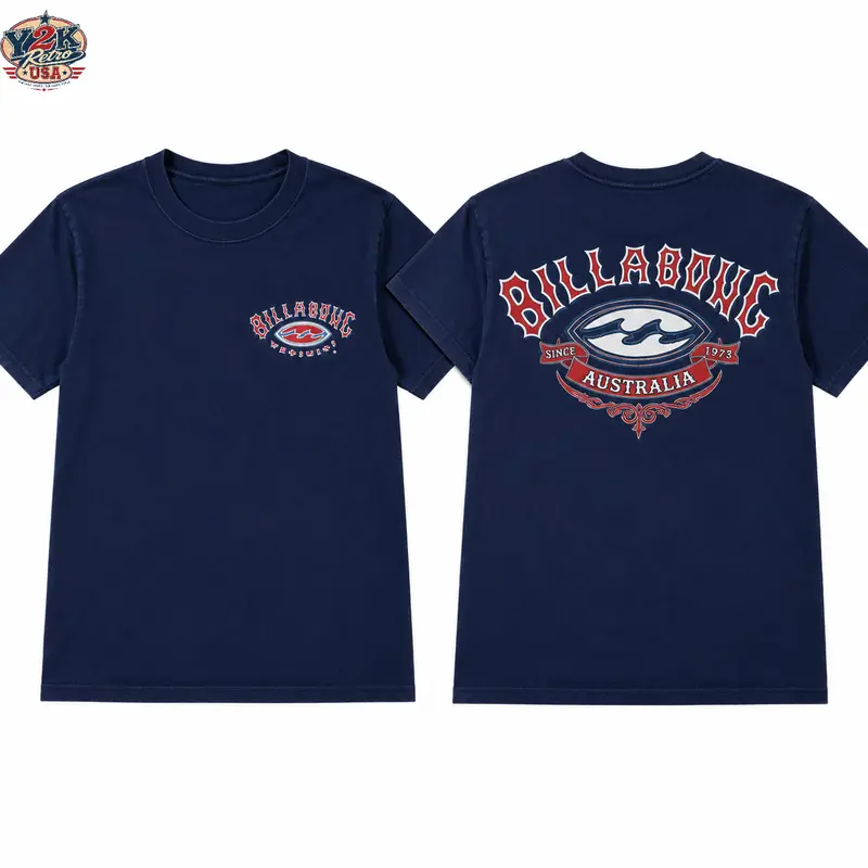 (2 side) Vintage 90’s Navy Billabong Australia Tee for Men Women, Retro Surf T-shirt by Y2K Retro USA, Soft Daily Casual Wear, USA-Made & Printed Apparel