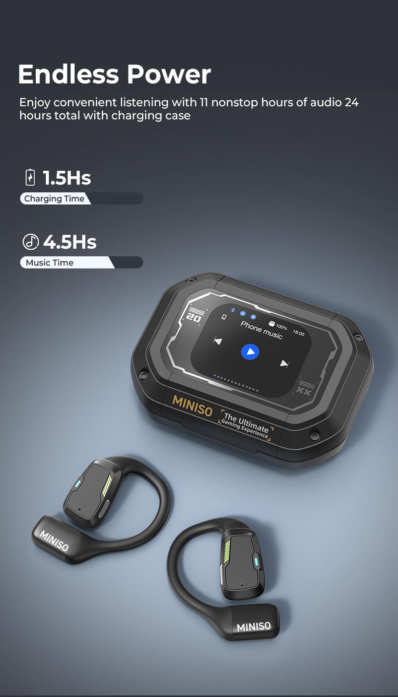 MINISO M98 Wireless Earbuds Open Ear Bluetooth 5.4 Earphones Wireless Headphones Full Color Display Touch Screen Gaming Headsets 35Hours Play time Built-in Microphone