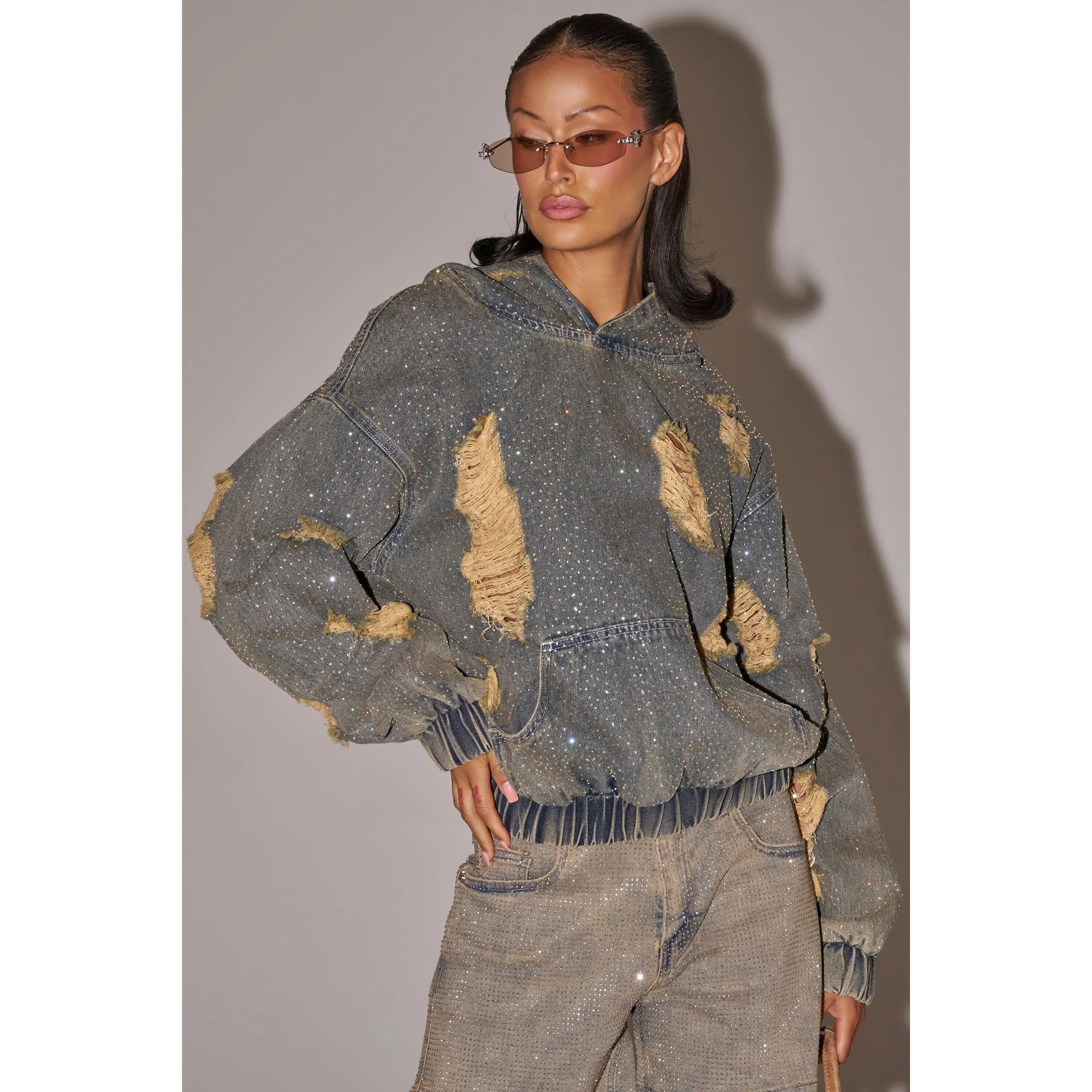 DEMI RHINESTONE DENIM HOODIE