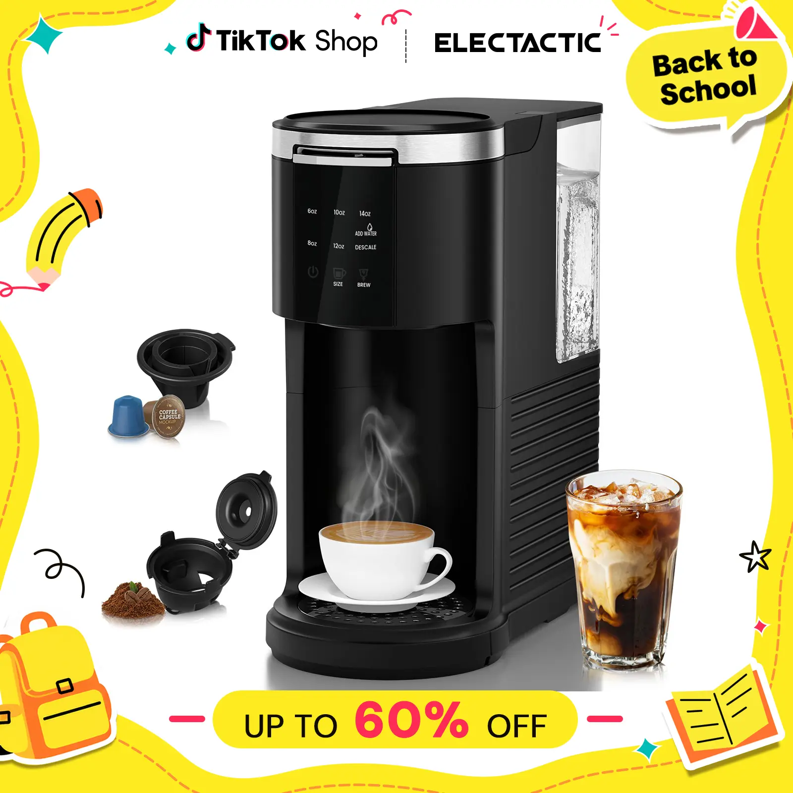 【BackToSchool】Electactic Coffee Machine K-Cup Pods & Ground Coffee Maker, Latte and Cappuccino Maker, 5 Brew Sizes Up To 14 Oz, with 40oz Removable Water Tank, Self-cleaning Function, Party Gift,Black,home essentials,back to school