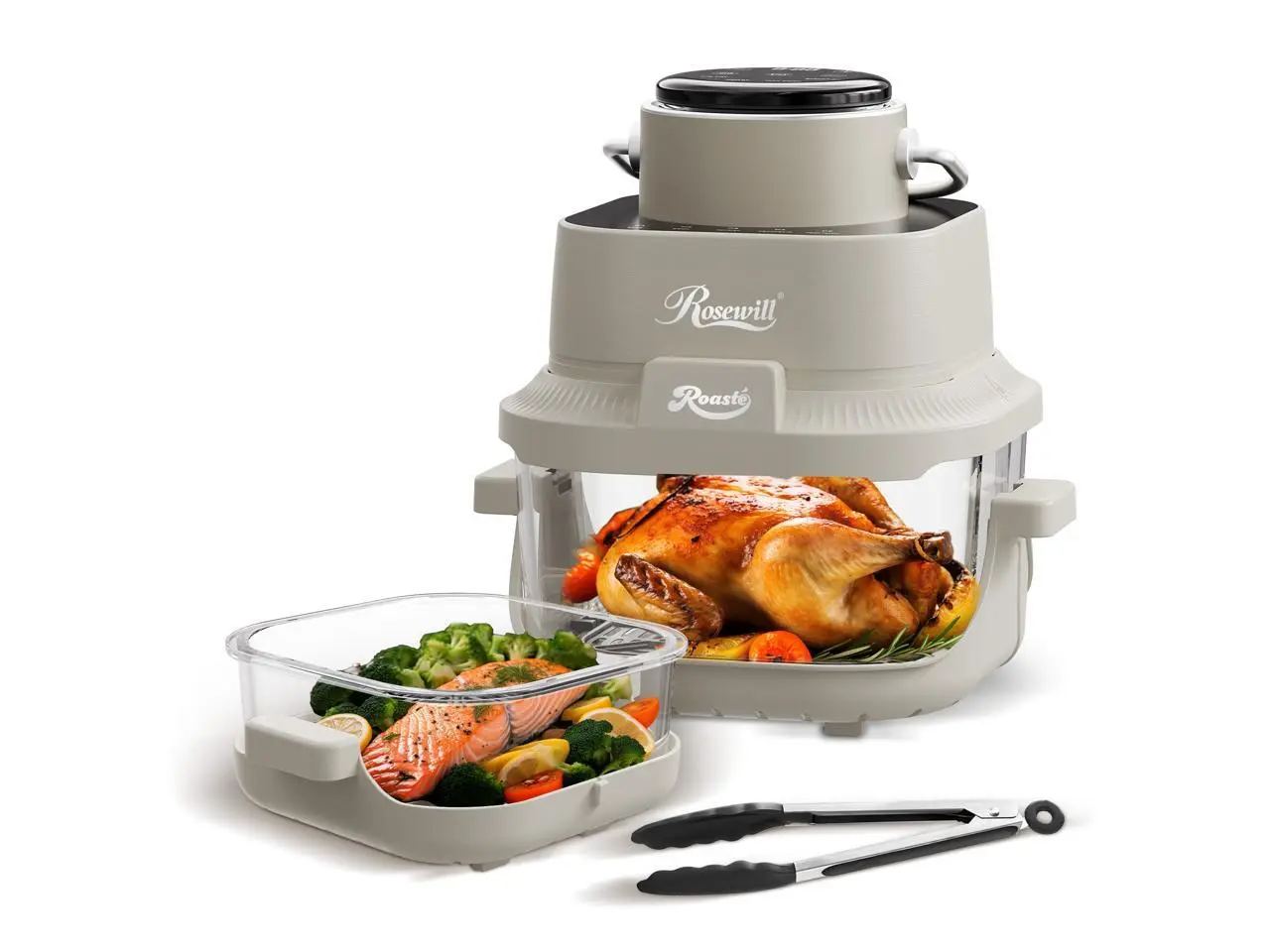Rosewill 8-in-1 Portable Glass Air Fryer, 5.5QT & 1.6QT Dual Transparent Glass Cooking Pot with Storage Lid & Tongs, Compact Smart for Air Fry, Deep Roast, Recrisp, Bake and more - Saturn Gray