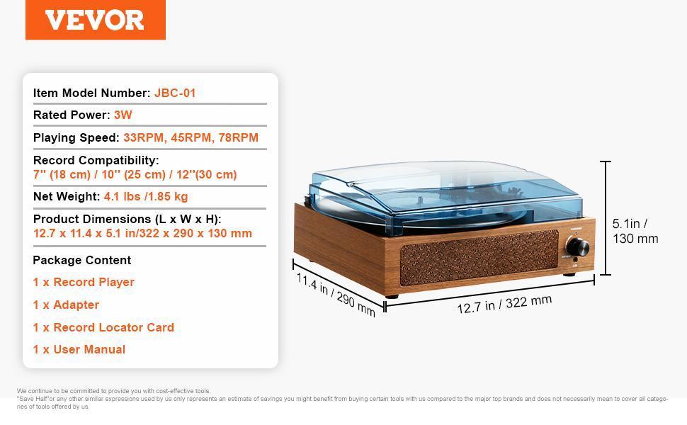 VEVOR Vinyl Record Player, 3-Speed, Belt Driven Turntable Player with Built-in 5W Stereo Speakers Magnetic Cartridge, Support 33/45/78 RPM Bluetooth Aux in RCA Output, for 7/10 /12 in Vinyl Records VEVOR Vinyl Record Player, 3-Speed, Belt Driven Turntable Player with Built-in 5W Stereo Speakers Magnetic Cartridge, Support 33/45/78 RPM Bluetooth Aux in RCA Output, for 7/10 /12 in Vinyl Records