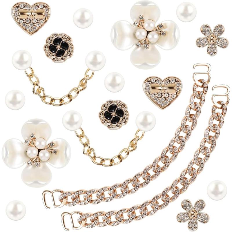 Women's Chic Synthetic Diamond, Diamond-Adorned Shoe Charms (18 Pcs) - Elegant Floral Colorblock Bling, Flower Pearl, Crystal Rhinestone, Golden Chains DIY Decorations for Clogs, Sandals, Christmas Party Favors