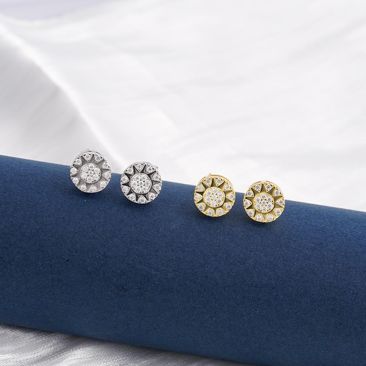 Delzzad Sunburst Glow Stud Earrings VVS Synthetic Moissanite S925 Studs Unisex Earrings Jewelry Perfect Birthday Mother’s Day Christmas Gift for Men Women Silver Earrings Golden Earrings Wedding Set